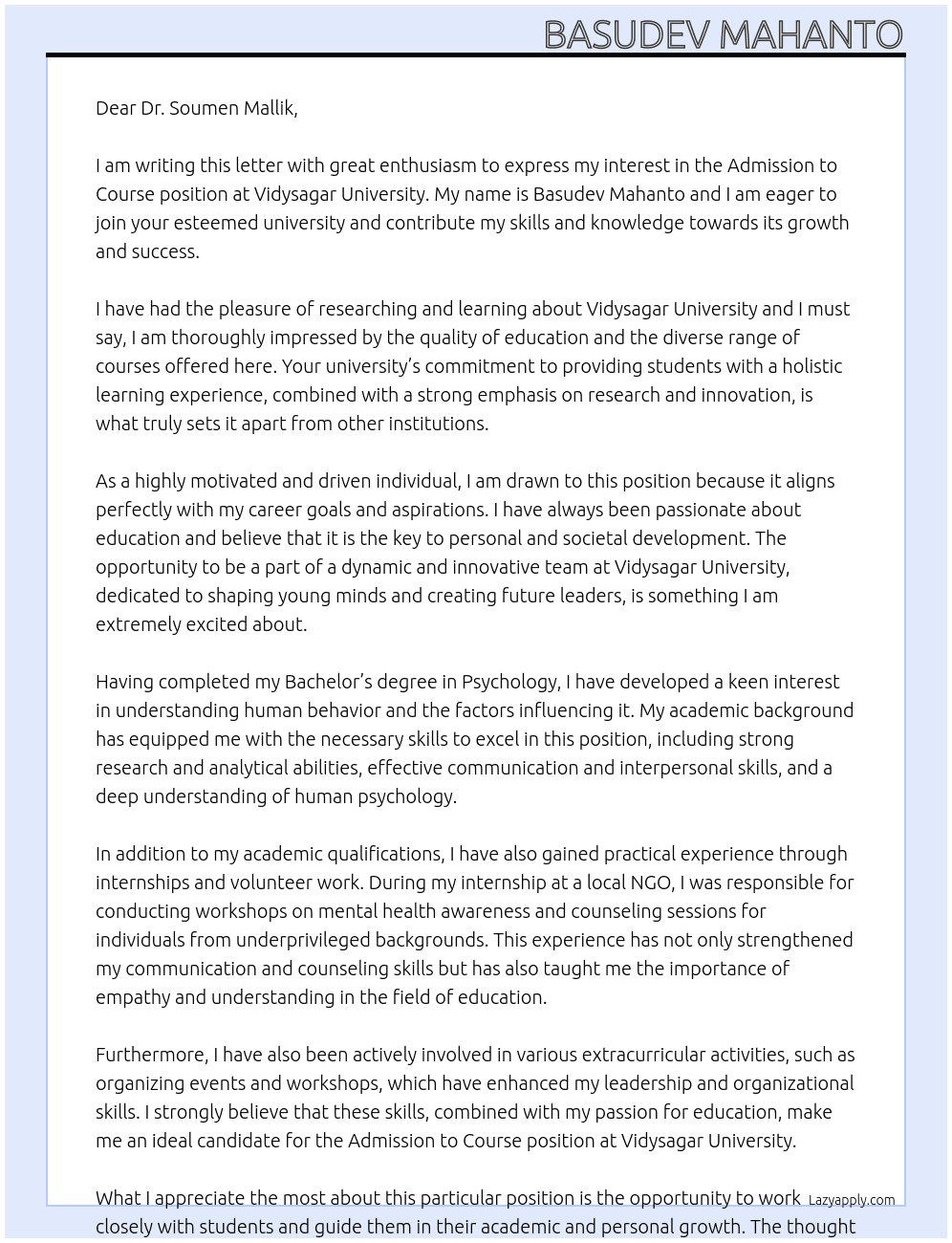 ADMISSION TO COURSE At VIDYSAGAR UNIVERSITY Cover Letter