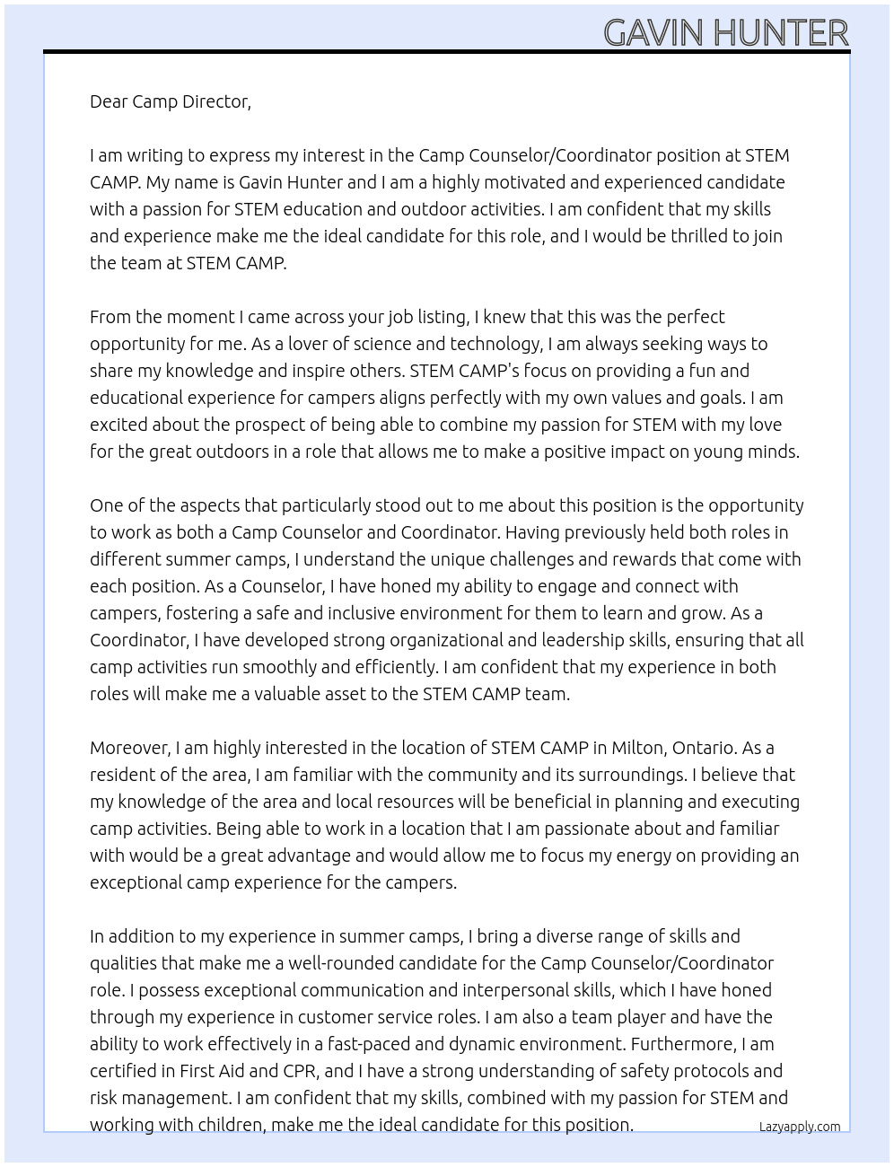 Camp Counselor At STEM CAMP Cover Letter