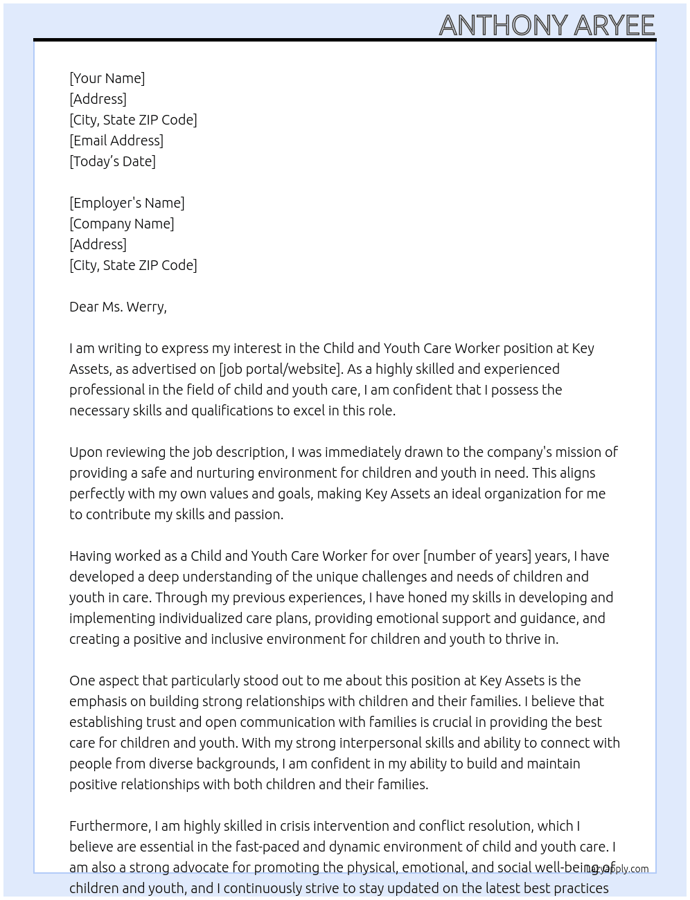 Cover letter for child and youth care worker - LazyApply