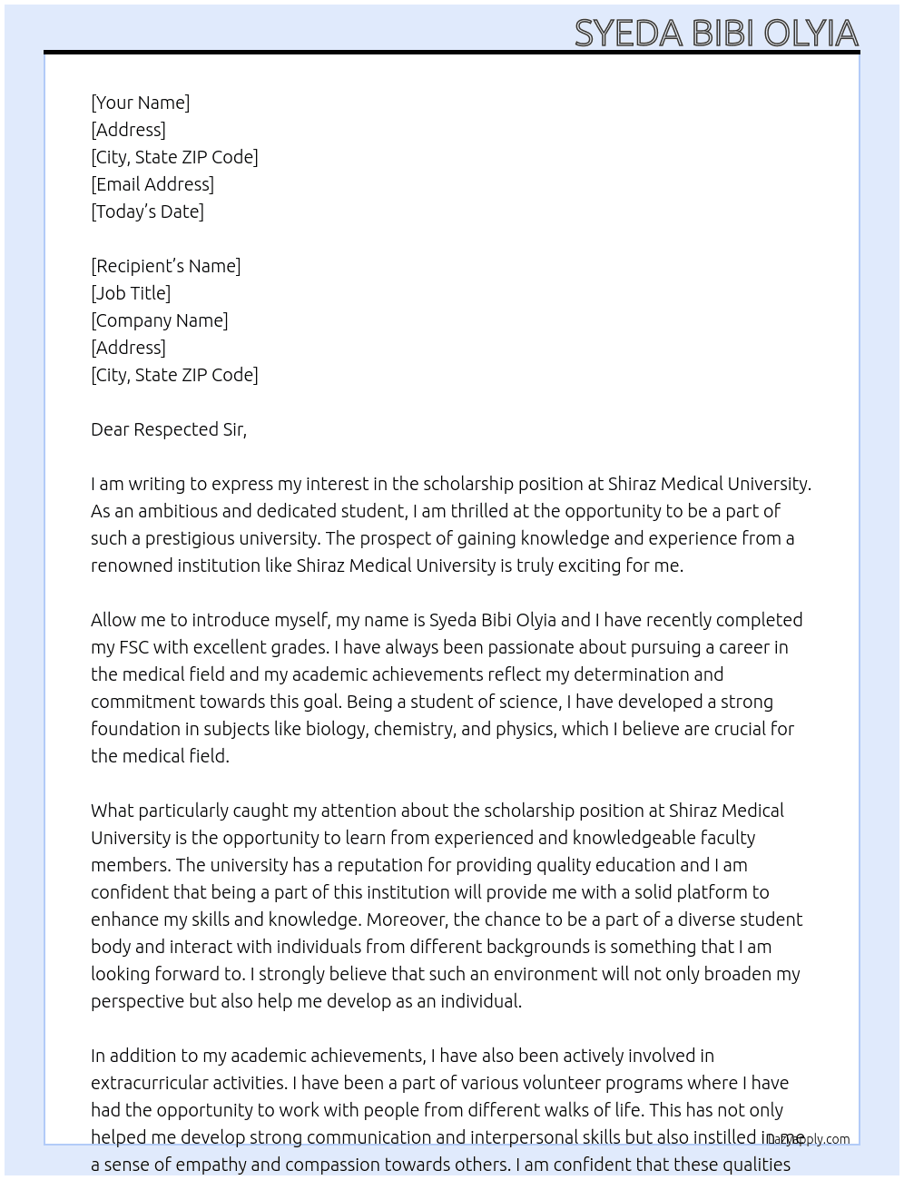scholarship At shiraz medical university Cover Letter