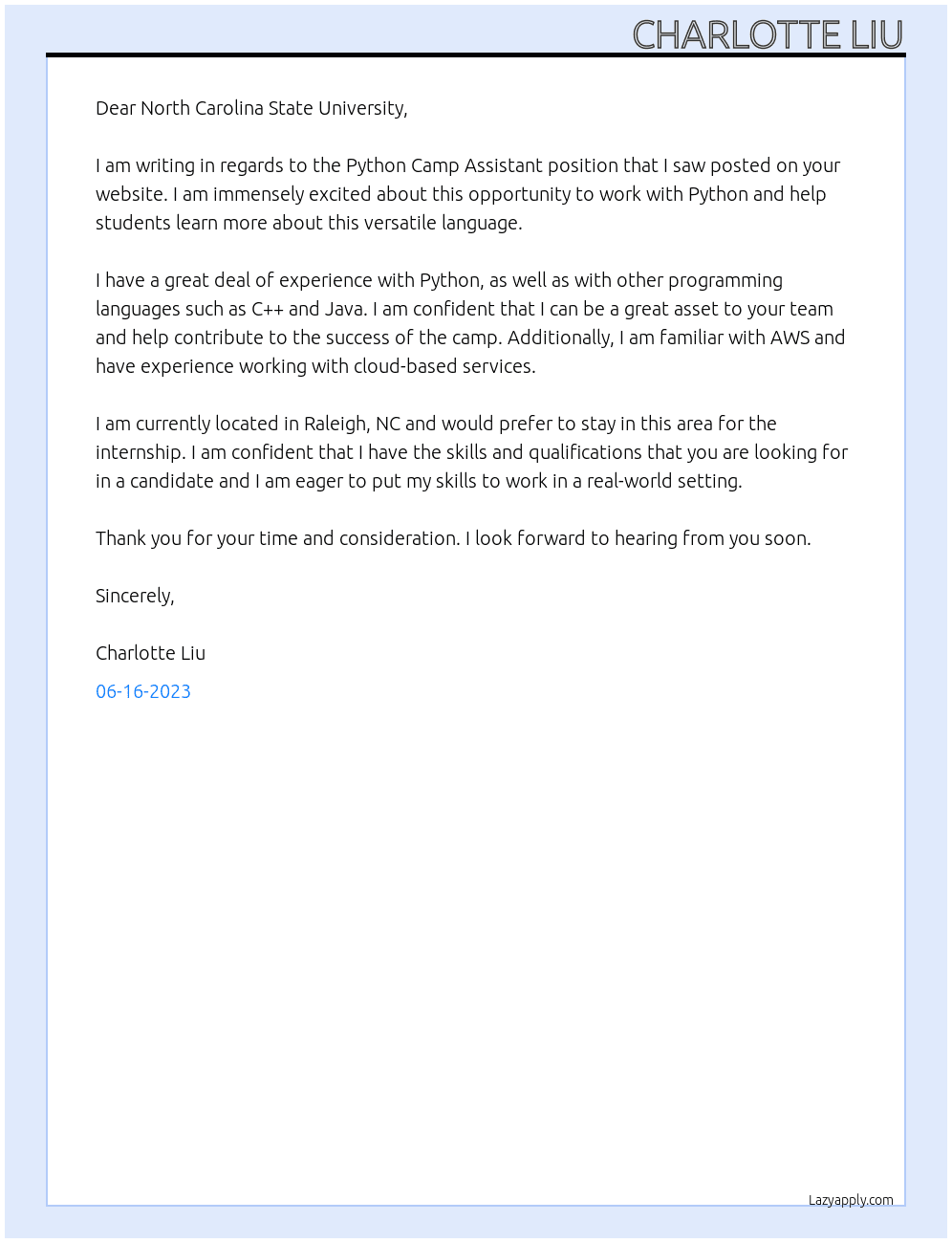 Python Camp Assistant At North Carolina State University Cover Letter