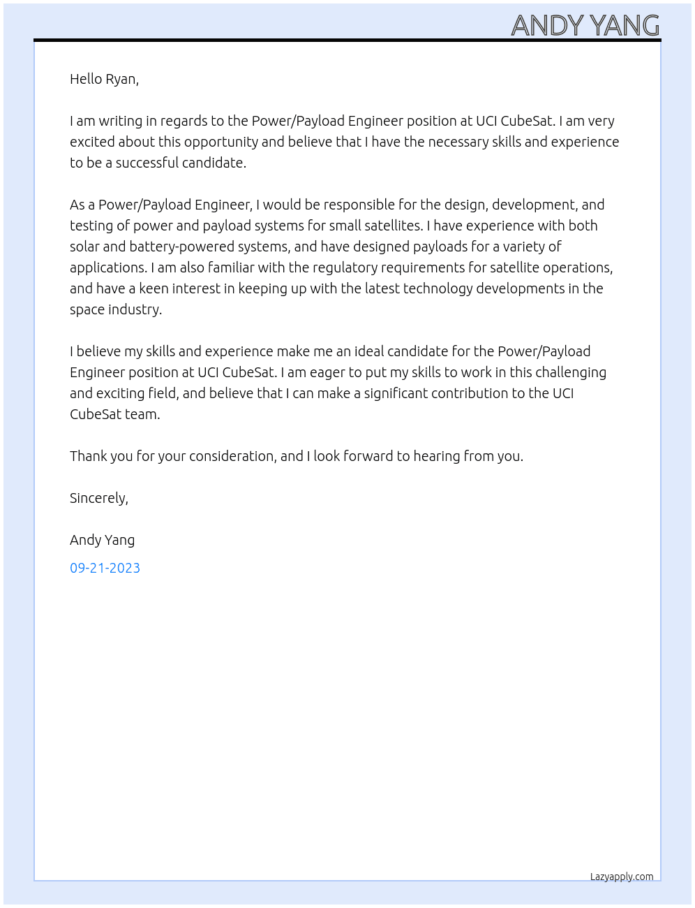 Power/Payload Engineer At UCI CubeSat Cover Letter