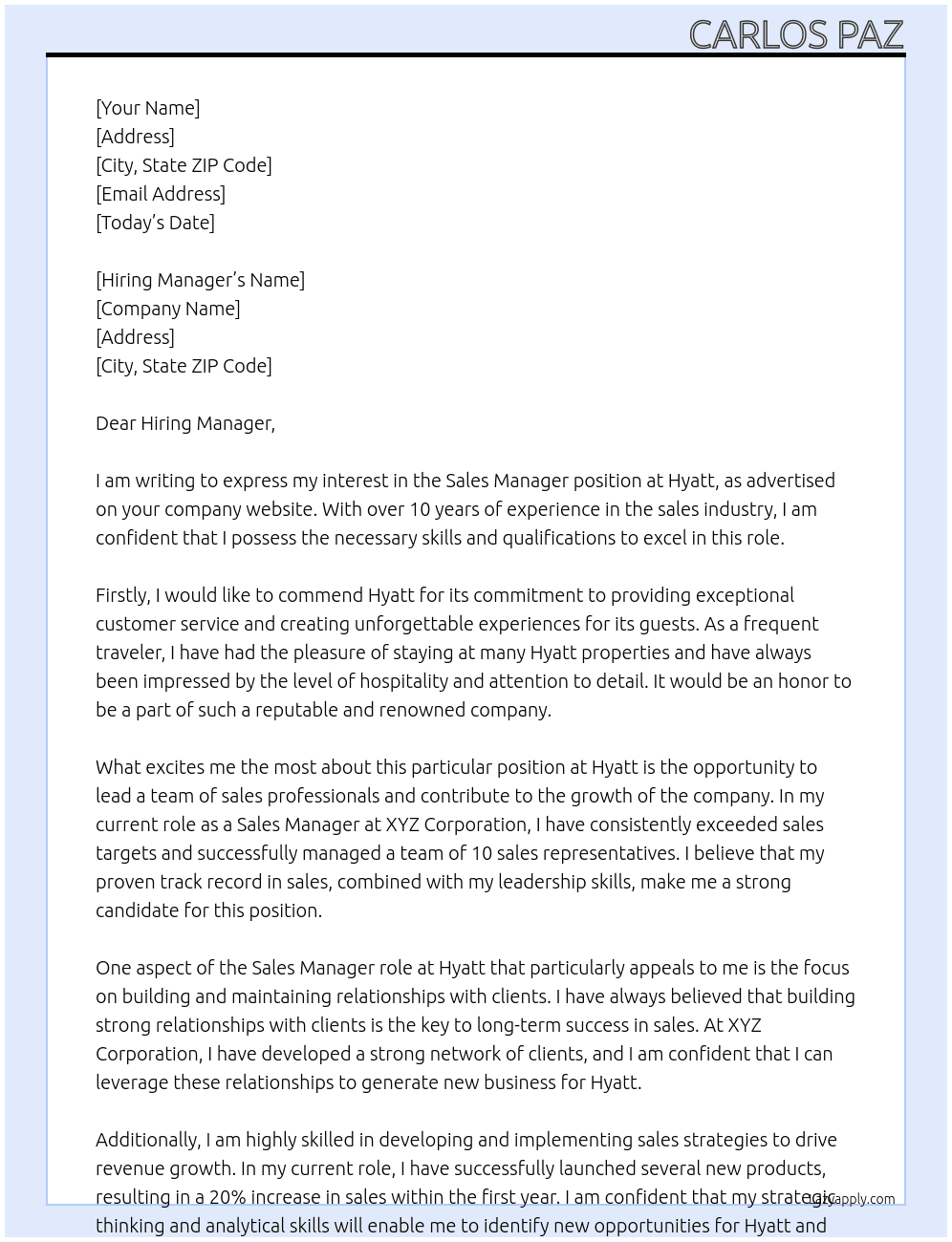 Sales Manager At Hyatt Cover Letter