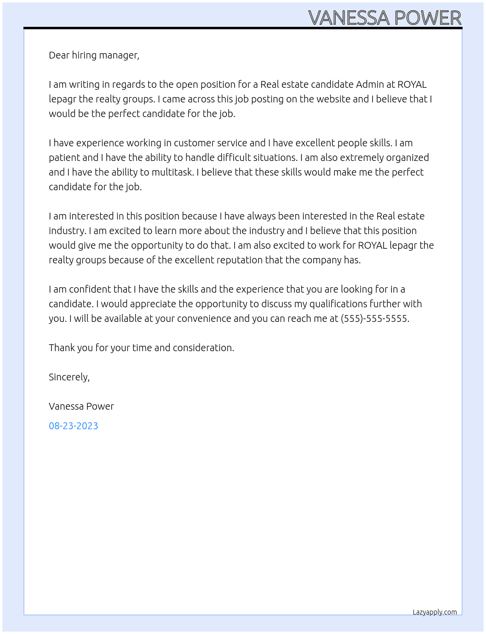 Real estate candidate Admin At ROYAL lepagr the realty groups  Cover Letter