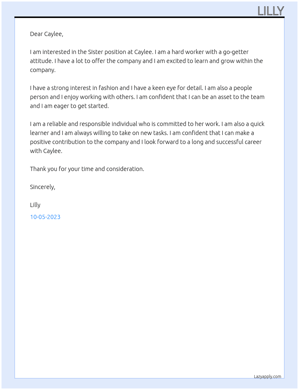 SIster At Caylee Cover Letter