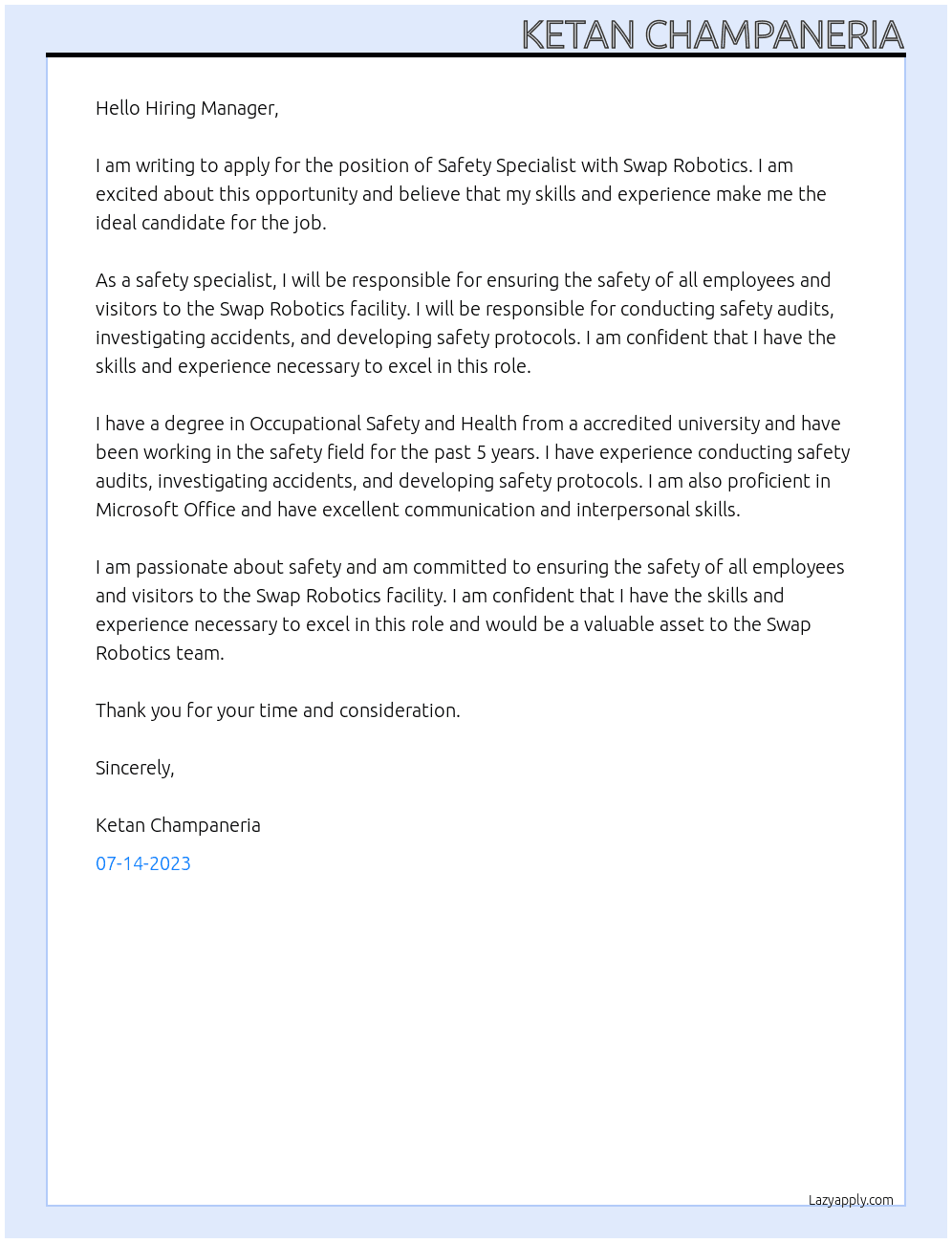 Safety Specialist At Swap Robotics Cover Letter