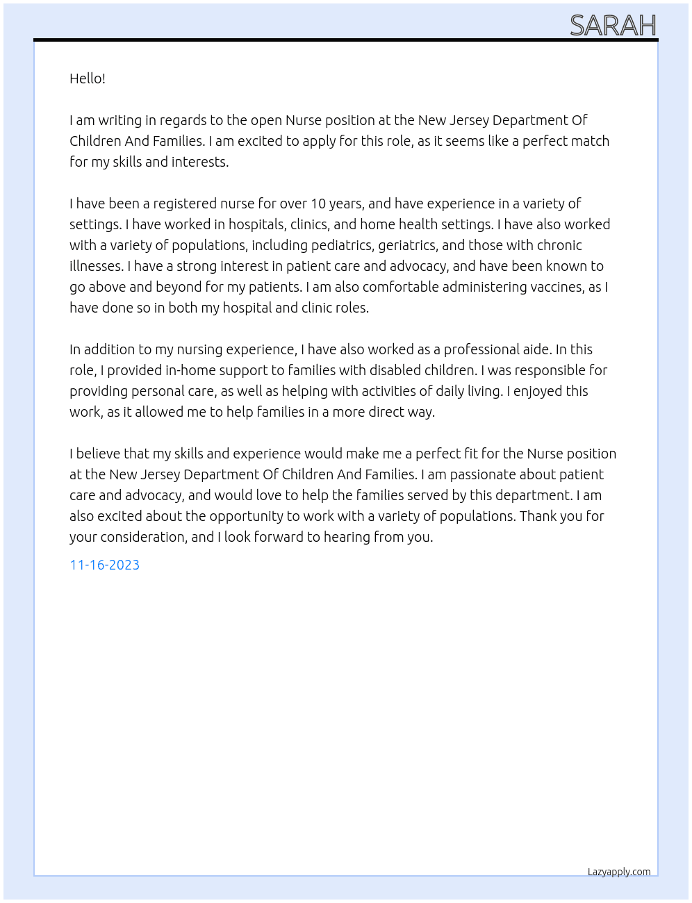 Nurse At New Jersey Department Of Children And Families Cover Letter