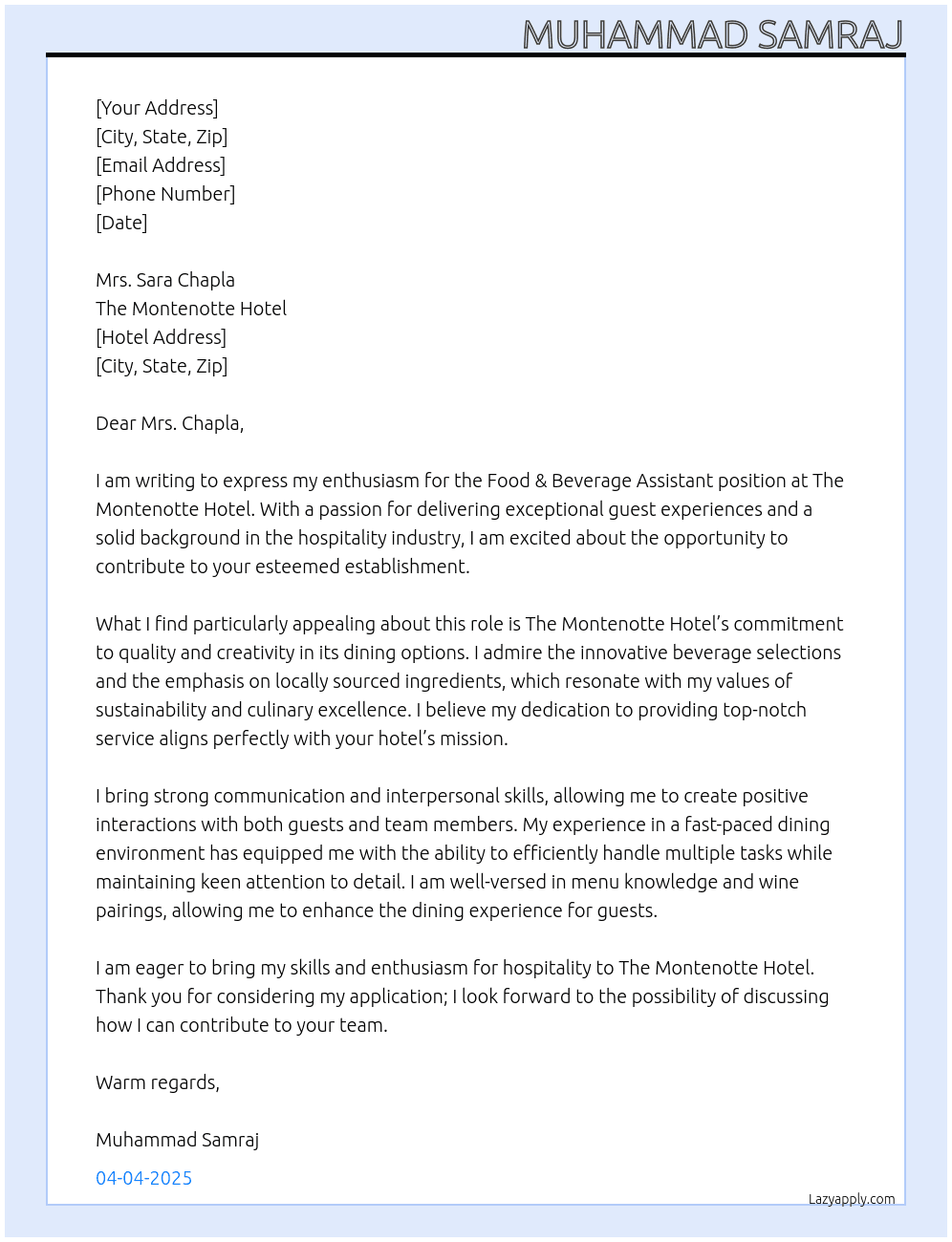 Food & Beverage Assistant At The Montenotte Hotel Cover Letter