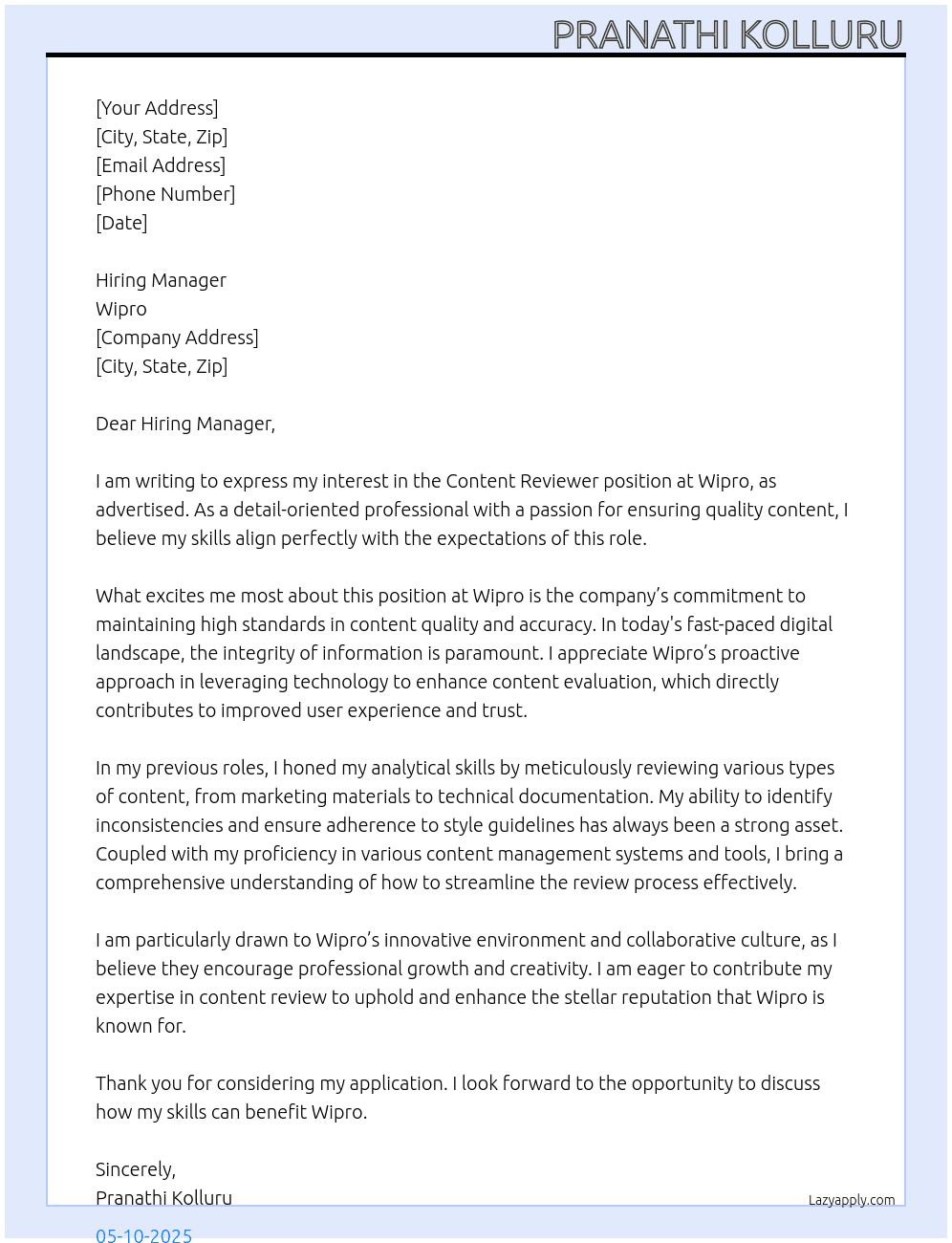 Cover letter for content reviewer - LazyApply