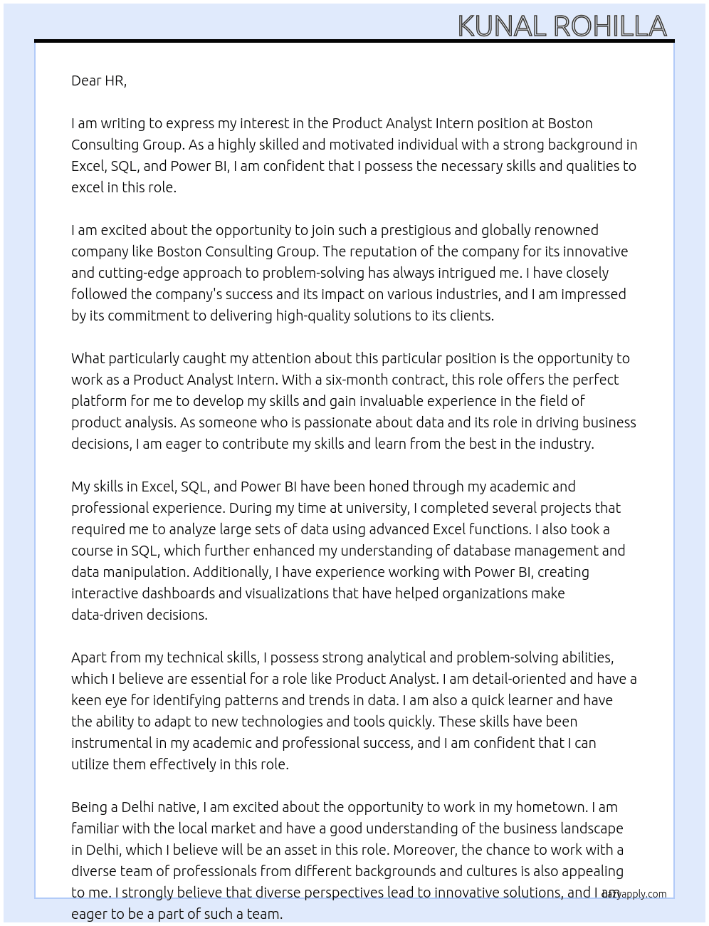 Product Analyst Intern Roles (6 months Contract) At Boston Consulting Group Cover Letter