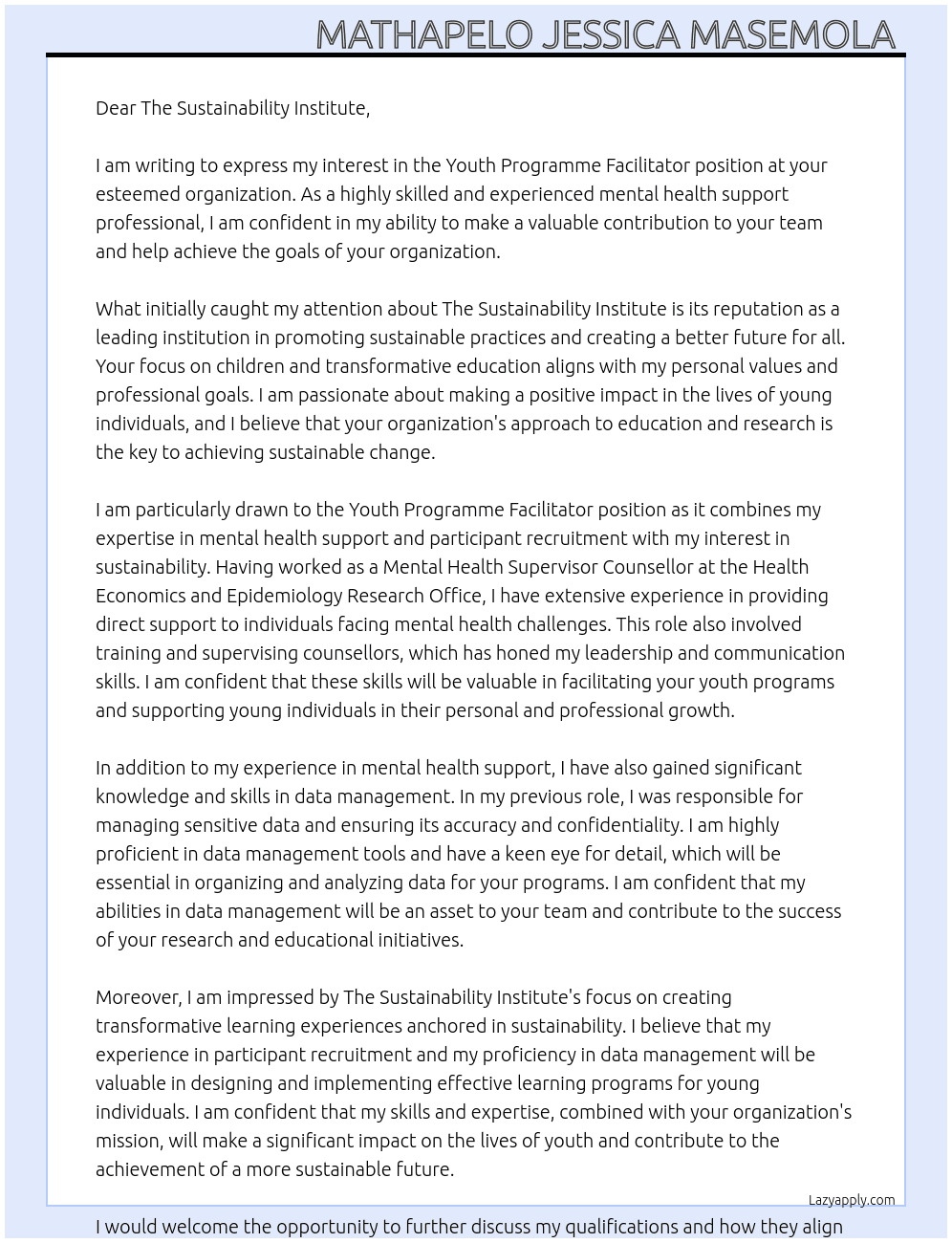 Youth Programme Facilitator At THE SUSTAINABILITY INSTITUTE Cover Letter