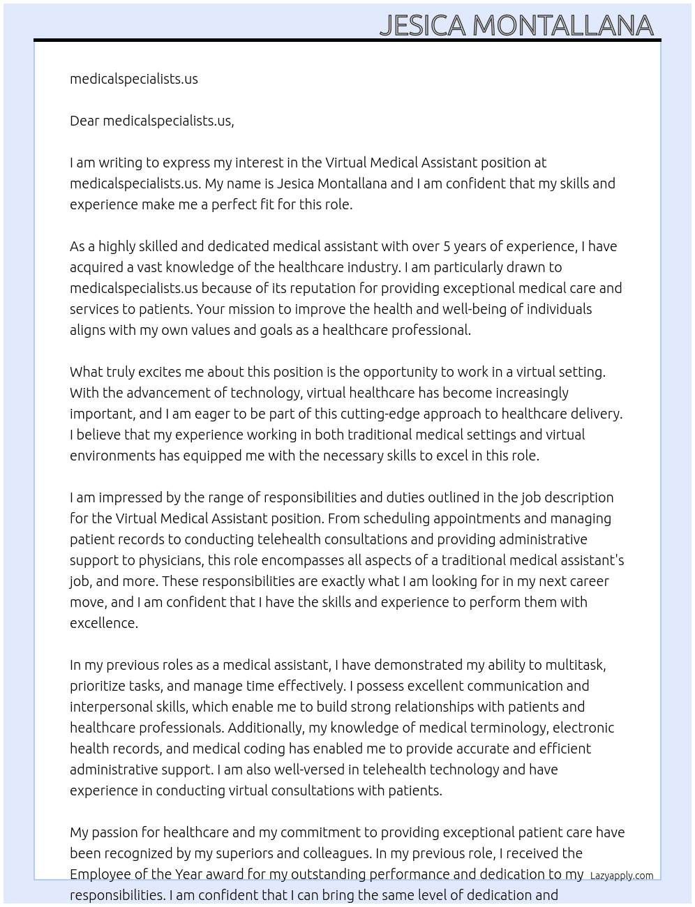 Virtual medical assistant At medicalspecialists.us Cover Letter