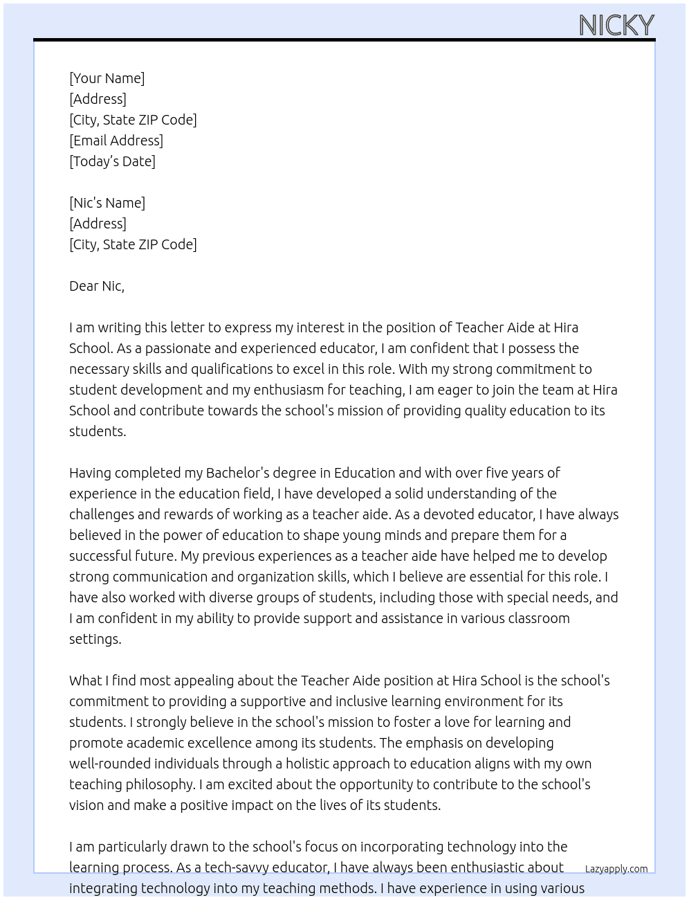 teacher aide At Hira School Cover Letter