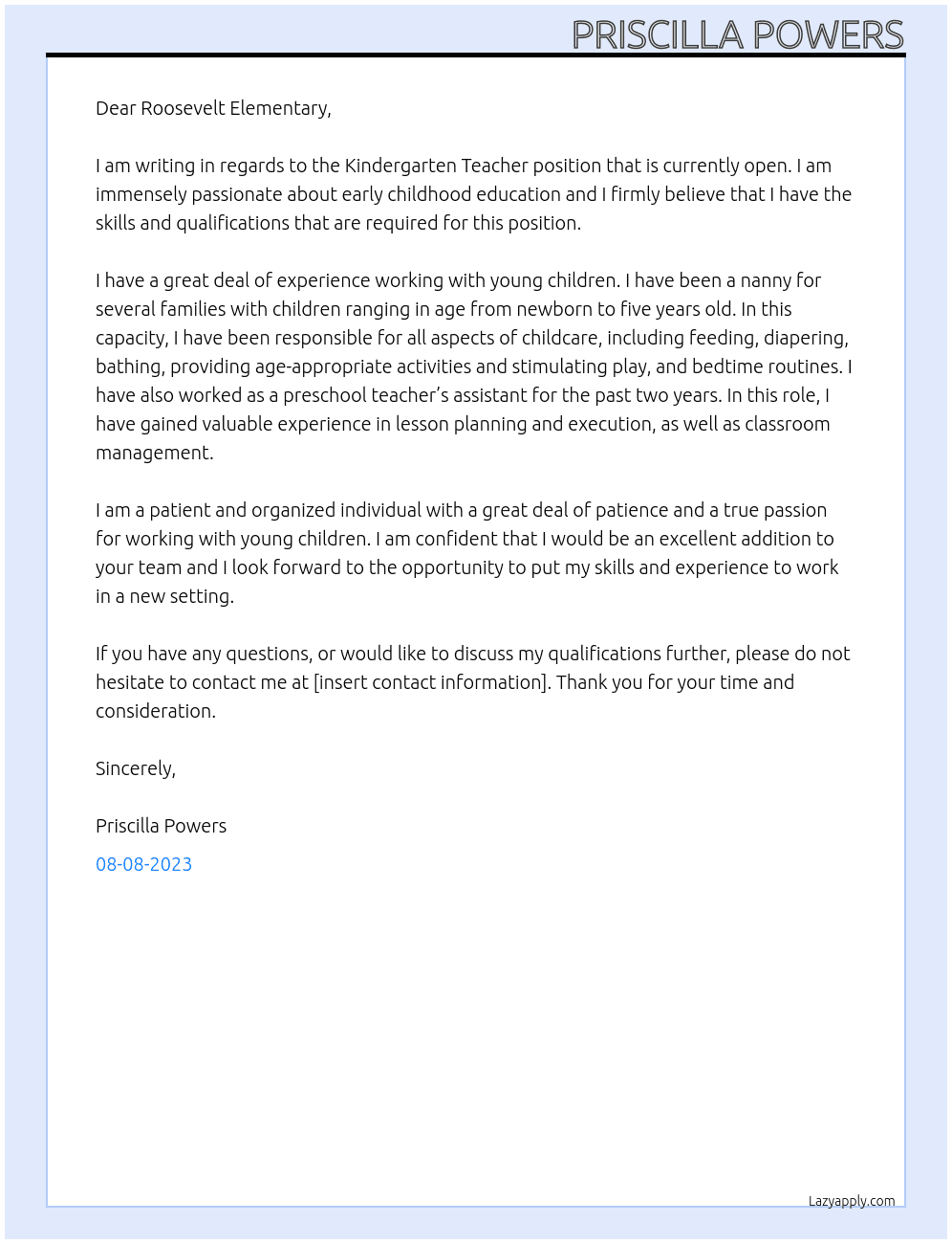 Kindergarten Teacher At OSD Cover Letter