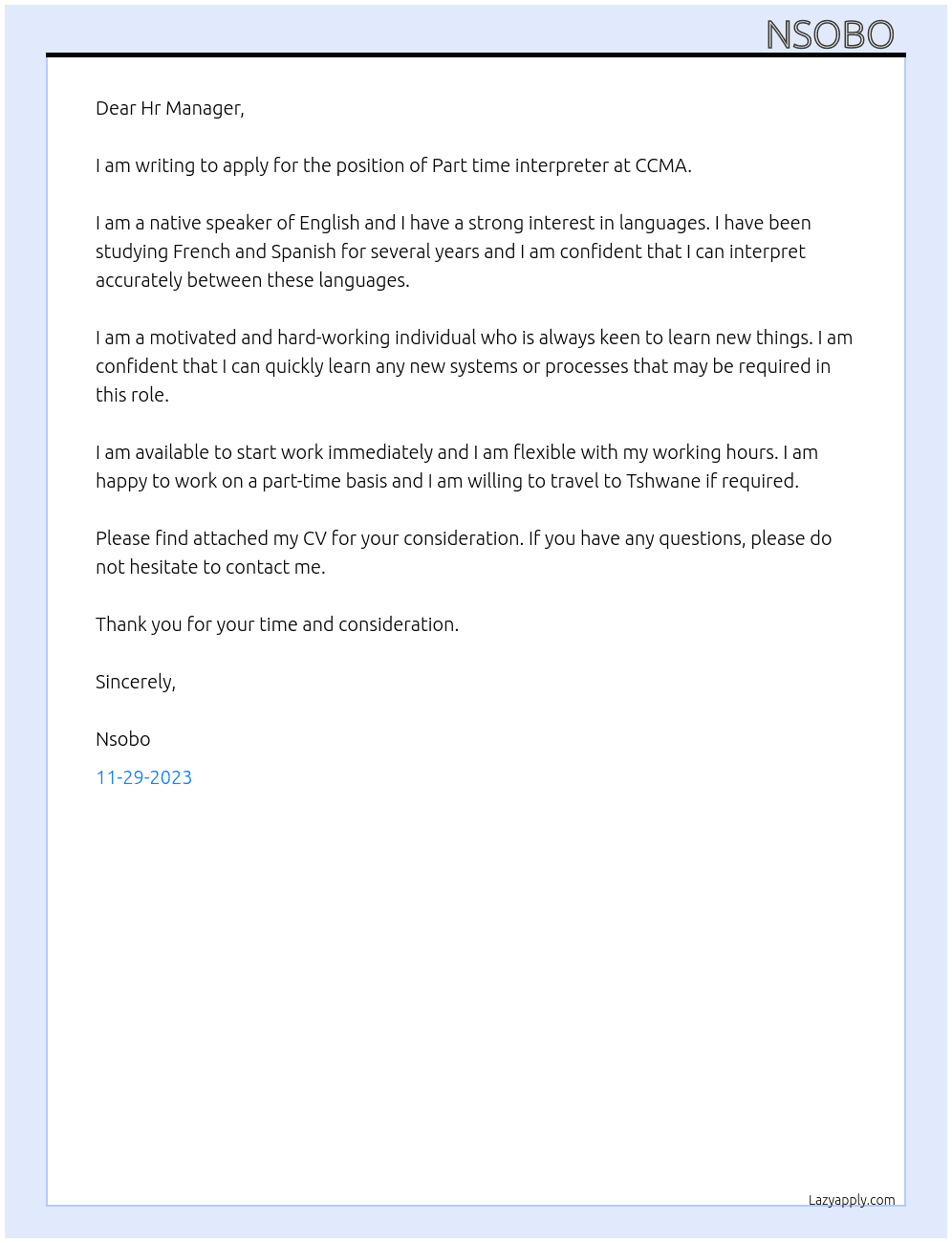 Part time interpreter  At CCMA Cover Letter