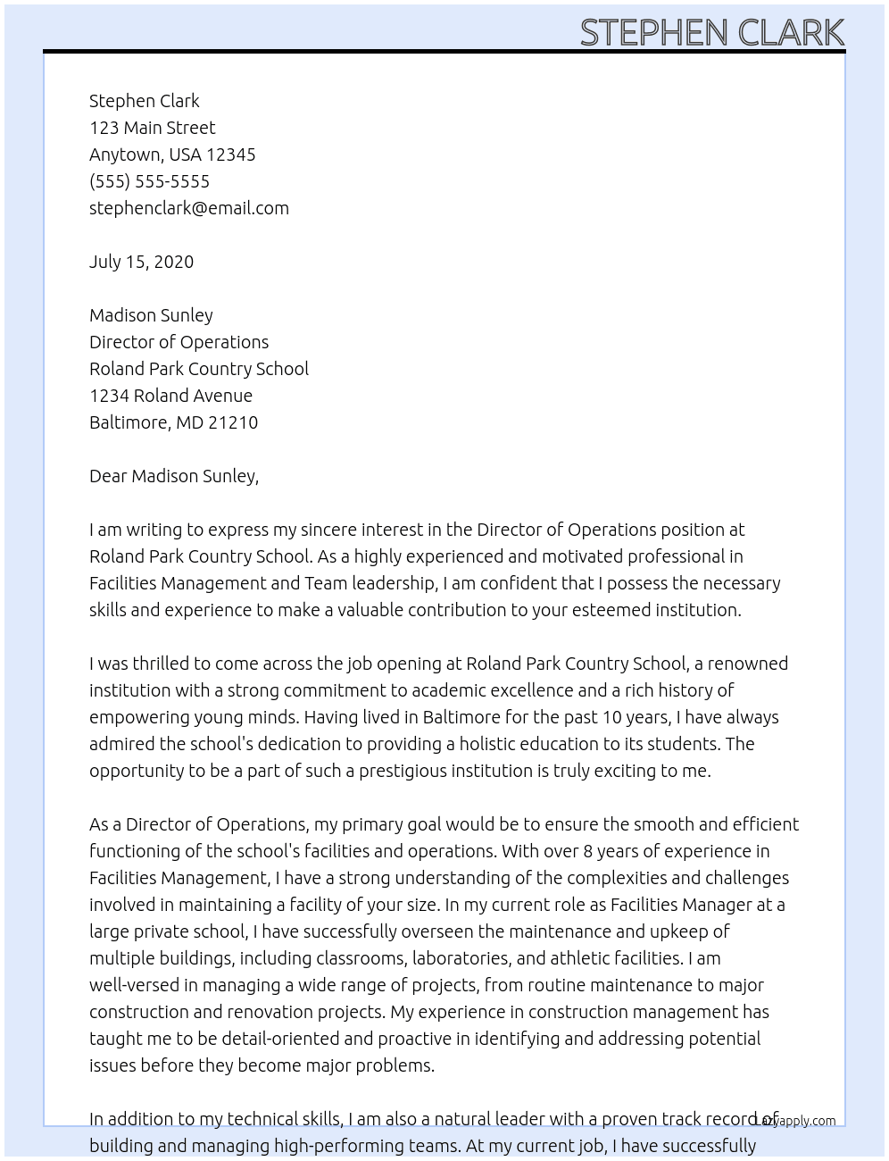 Director of Operations At Roland Park Country School Cover Letter