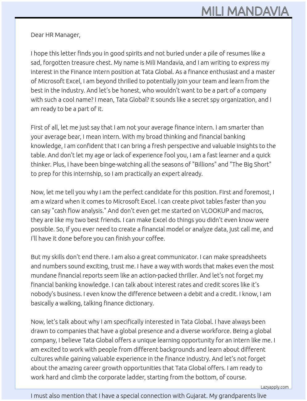 Finance intern  At Tata global Cover Letter