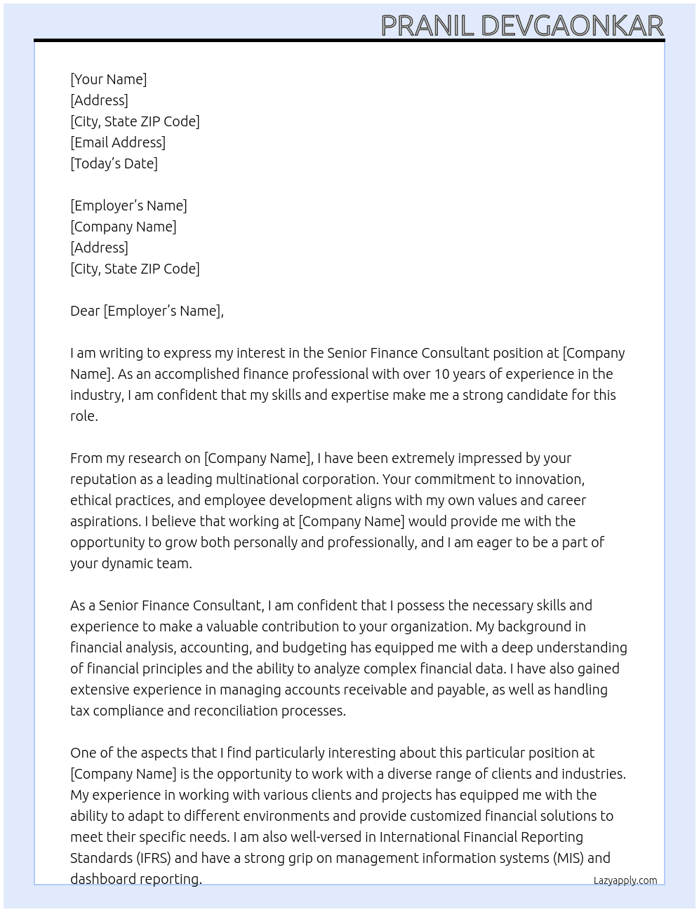 Senior Finance Consultant At MNC Cover Letter