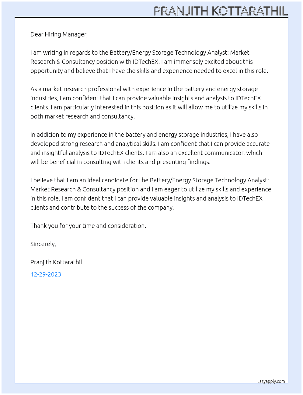 Battery/Energy Storage Technology Analyst: Market Research & Consultancy At IDTechEX Cover Letter