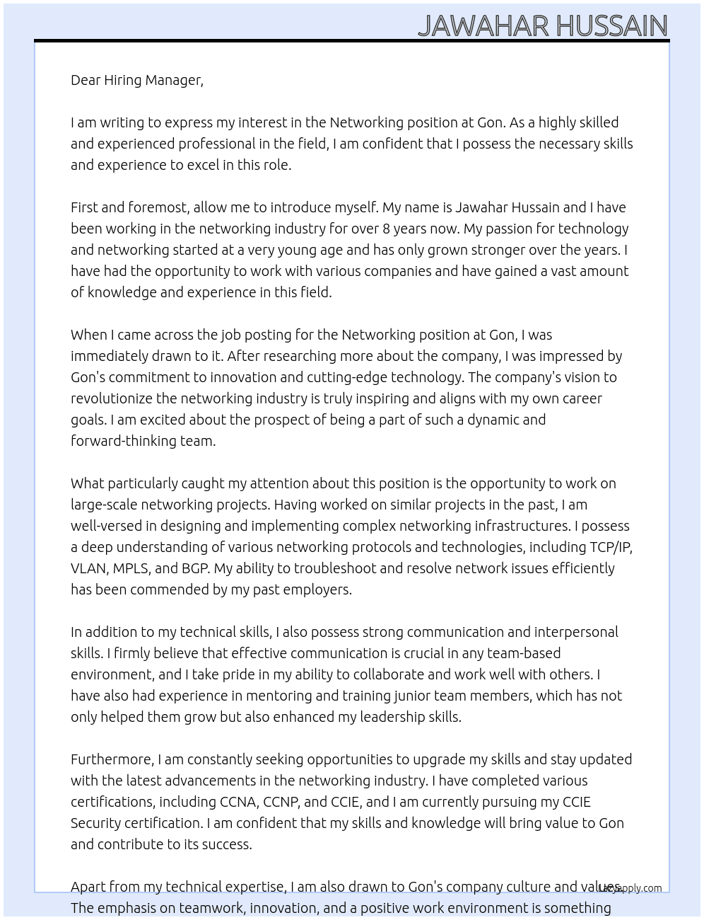 Cover letter for networking - LazyApply