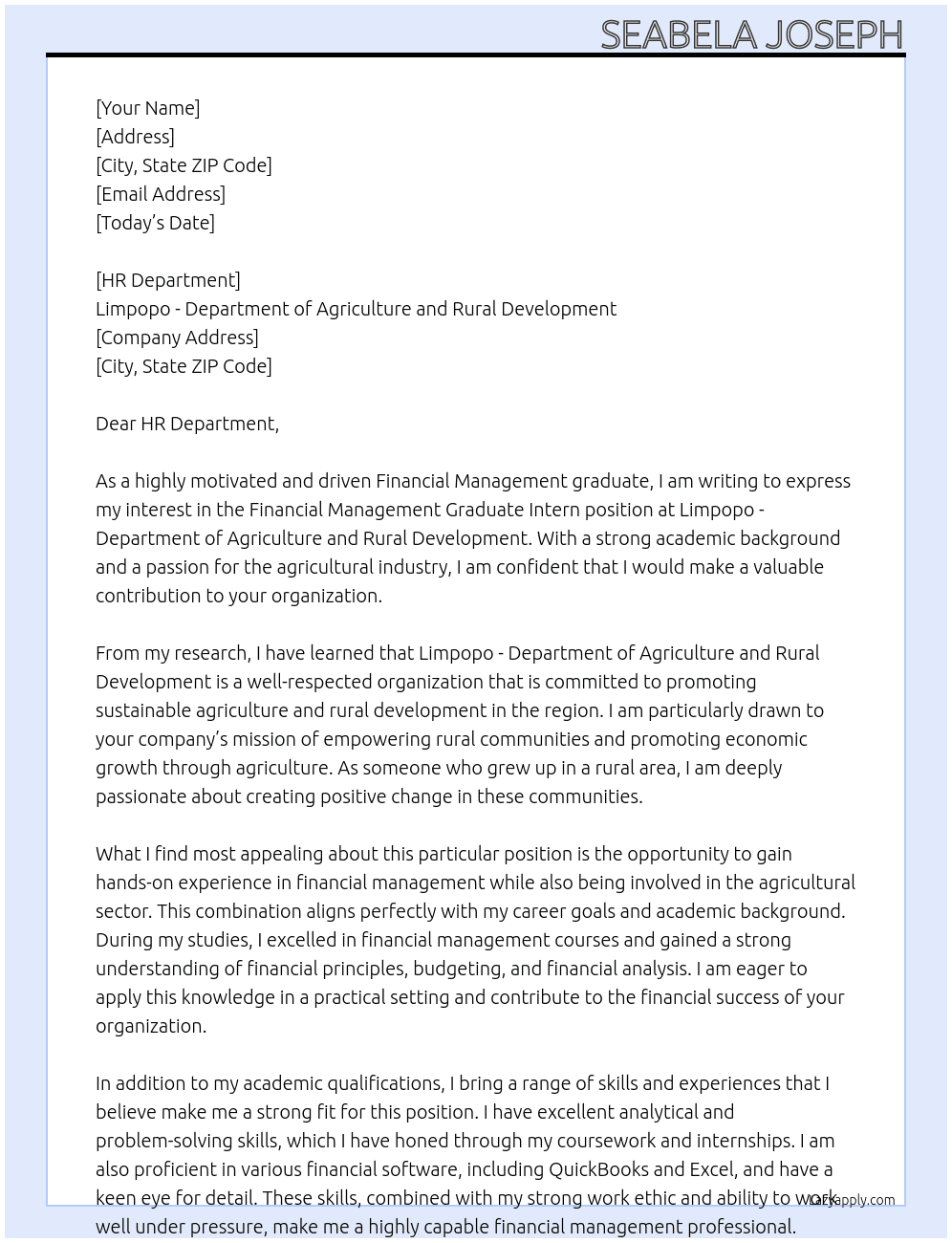 Cover letter for financial management graduate intern - LazyApply