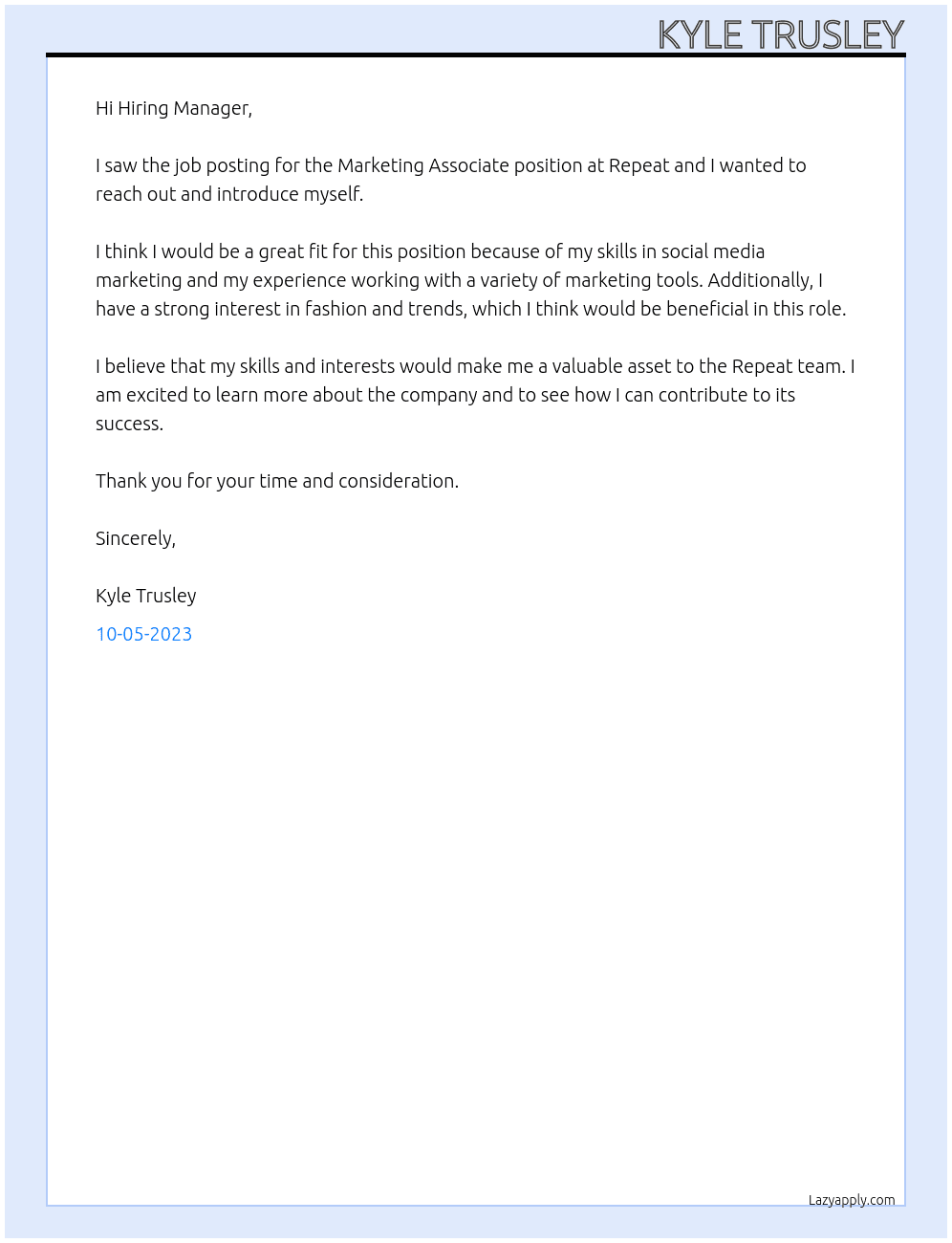 Marketing Associate At Repeat Cover Letter