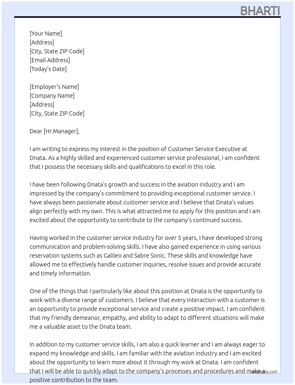Customer service executive At Dnata  Cover Letter