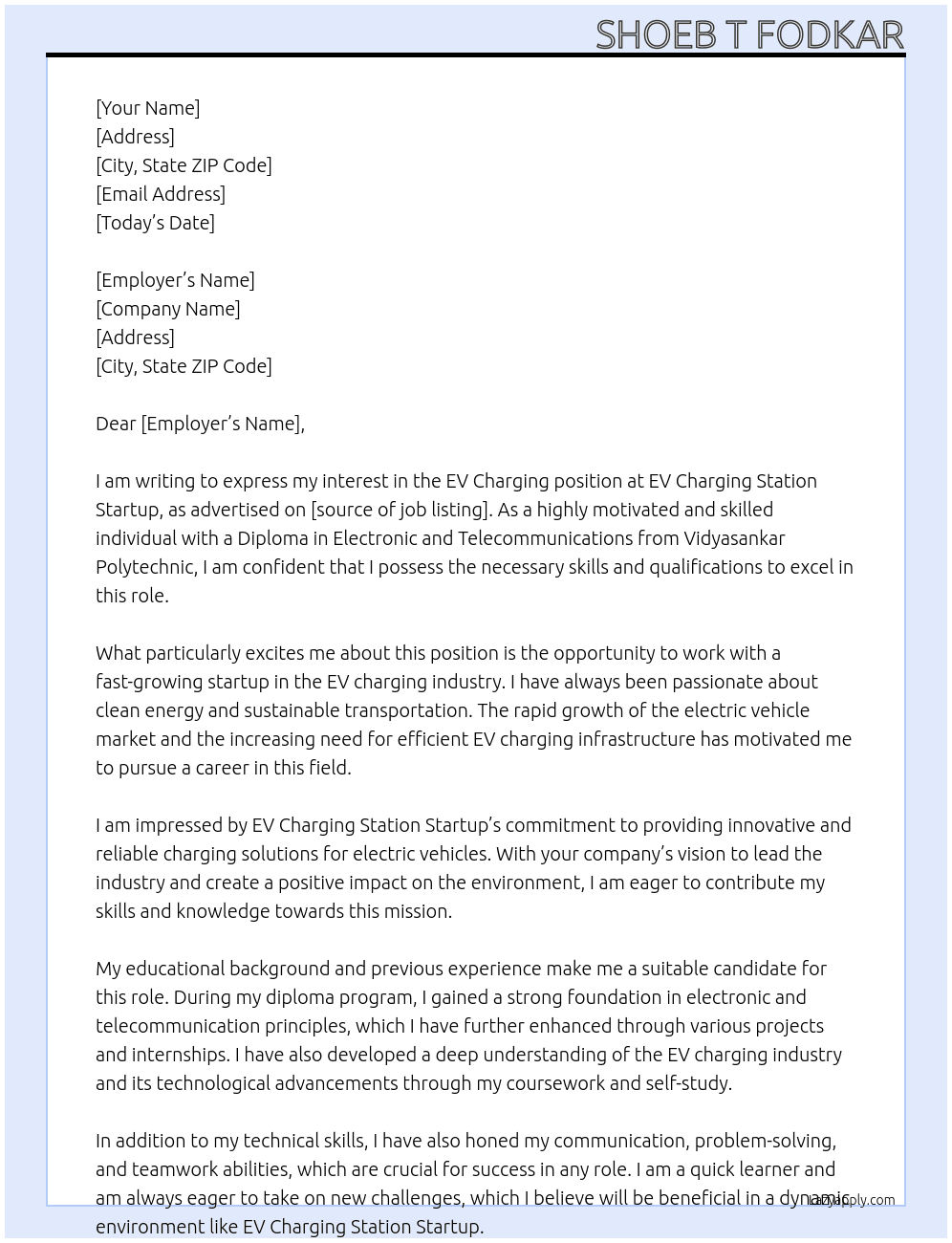 EV charging At EV CHARGING STATION STARTUP Cover Letter