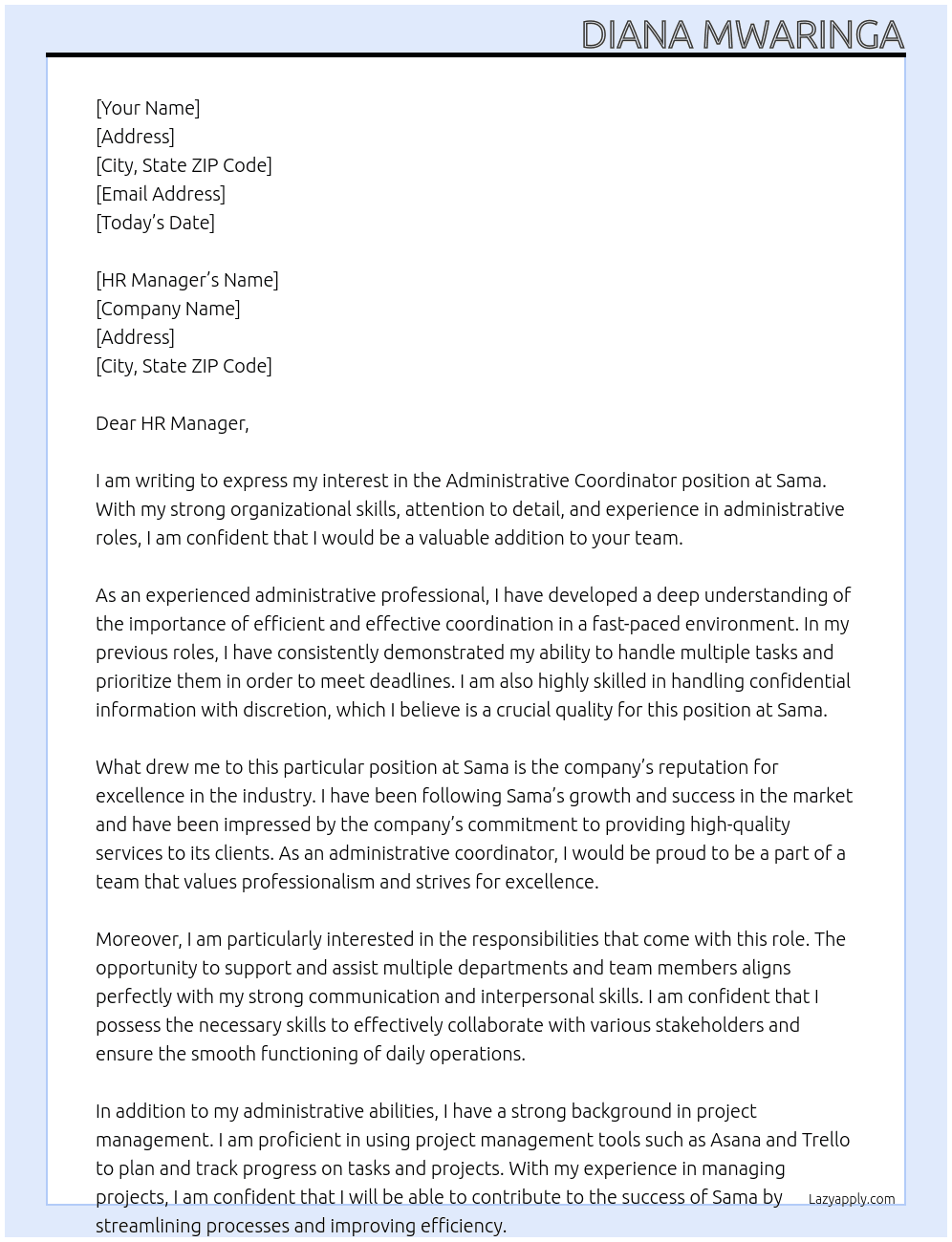 Administrative Coordinator At Sama Cover Letter
