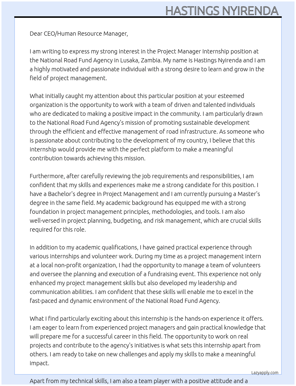 Project manager Internship  At National Road Fund Agency  Cover Letter