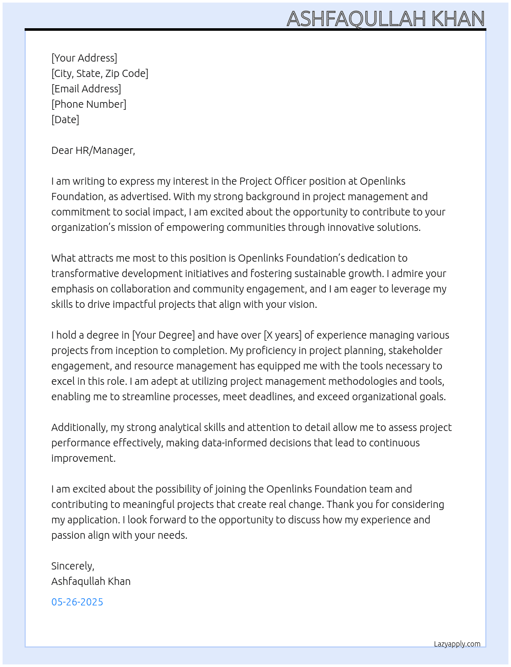 PROJECT OFFICER At OPENLINKS FOUNDATION Cover Letter