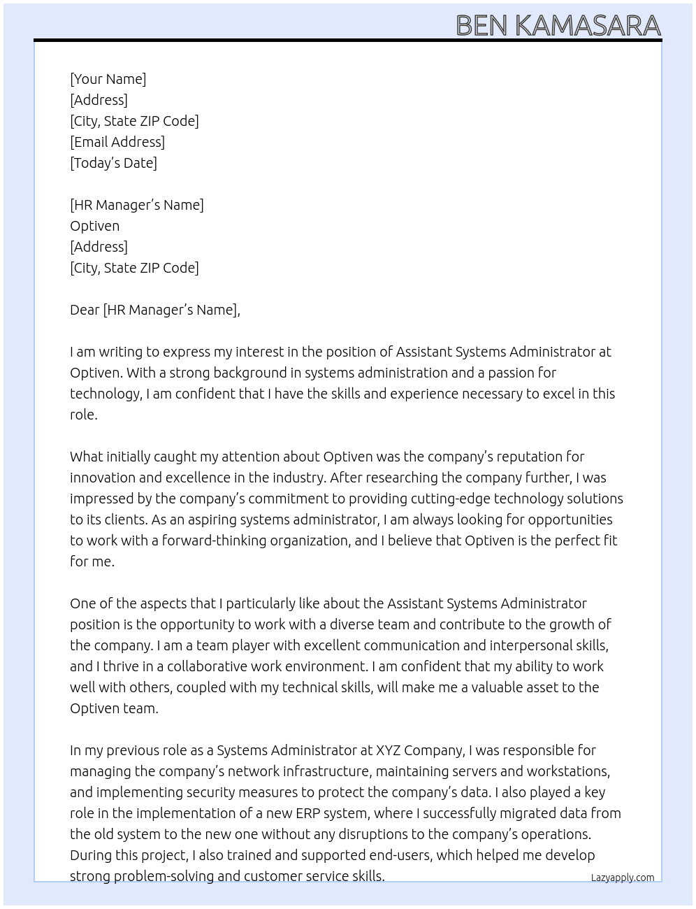 Assistant Systems Administrator At Optiven Cover Letter
