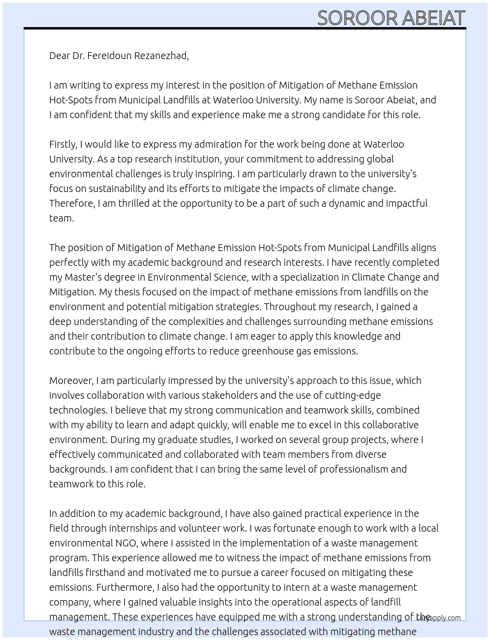mitigation of methane emission hot-spots from municipal landfills At Waterloo University Cover Letter