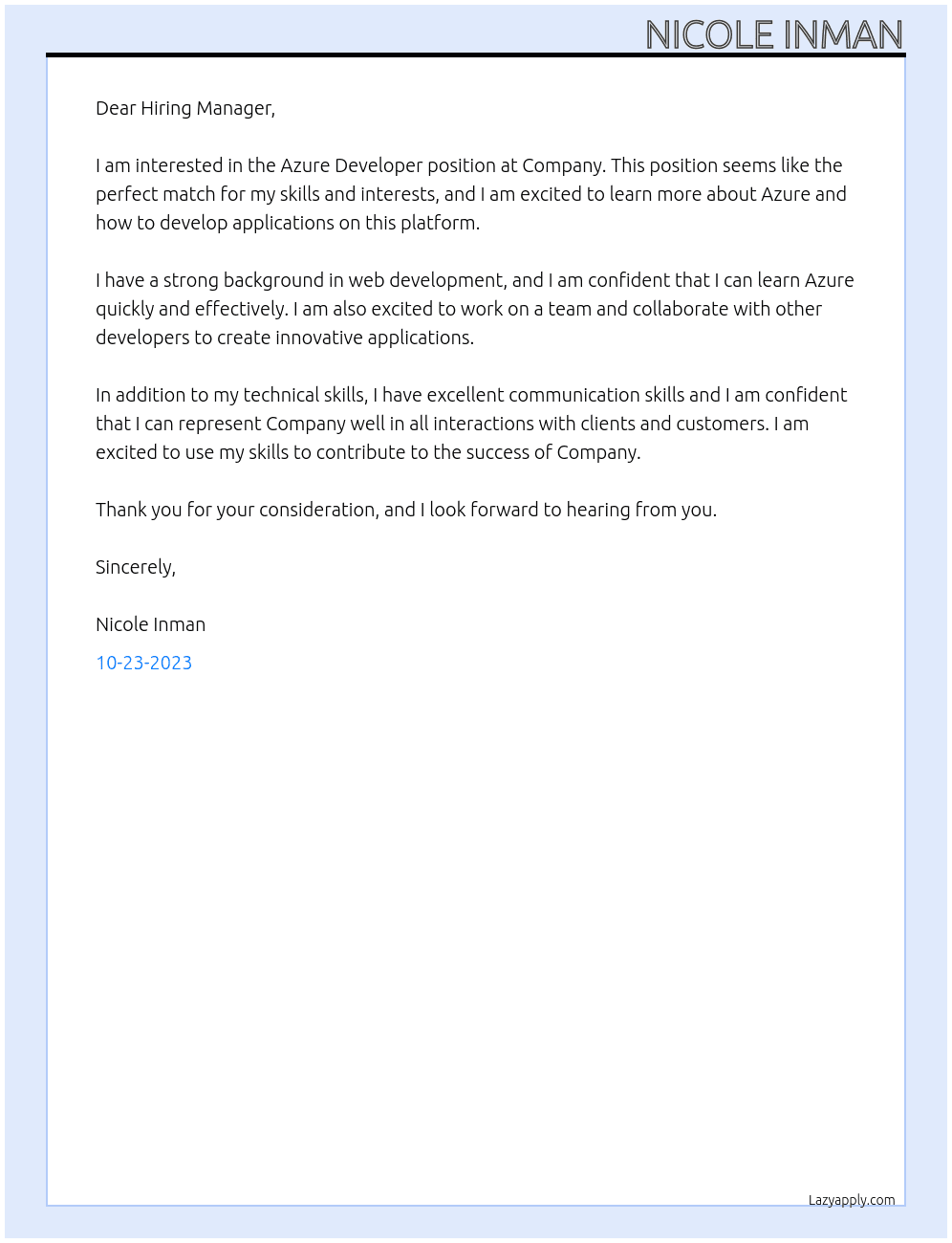 Azure Developer At Company Cover Letter