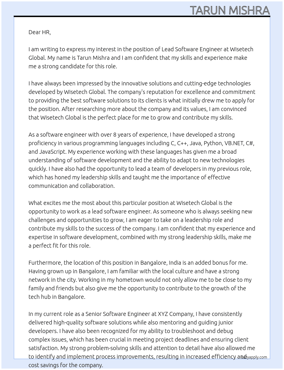 Lead Software Engineer At wisetech global Cover Letter