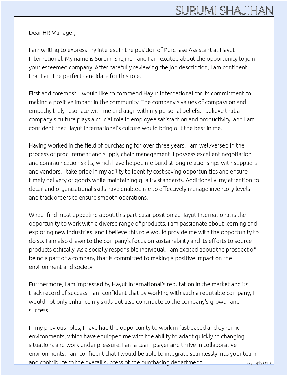 Purchase Assistant At Hayut International Cover Letter