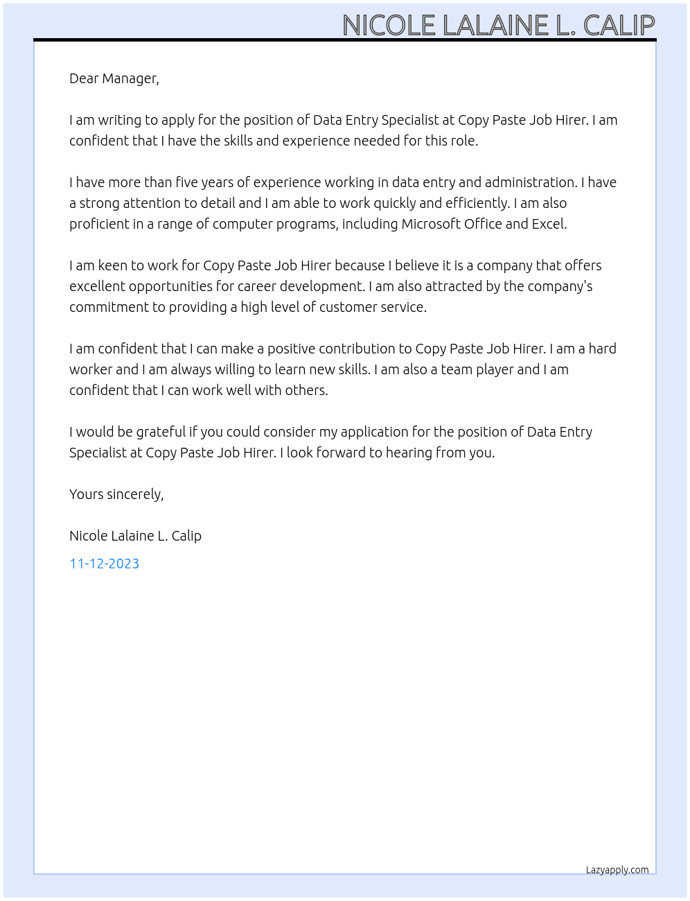 Data Entry Specialist At Copy Paste Job Hirer Cover Letter