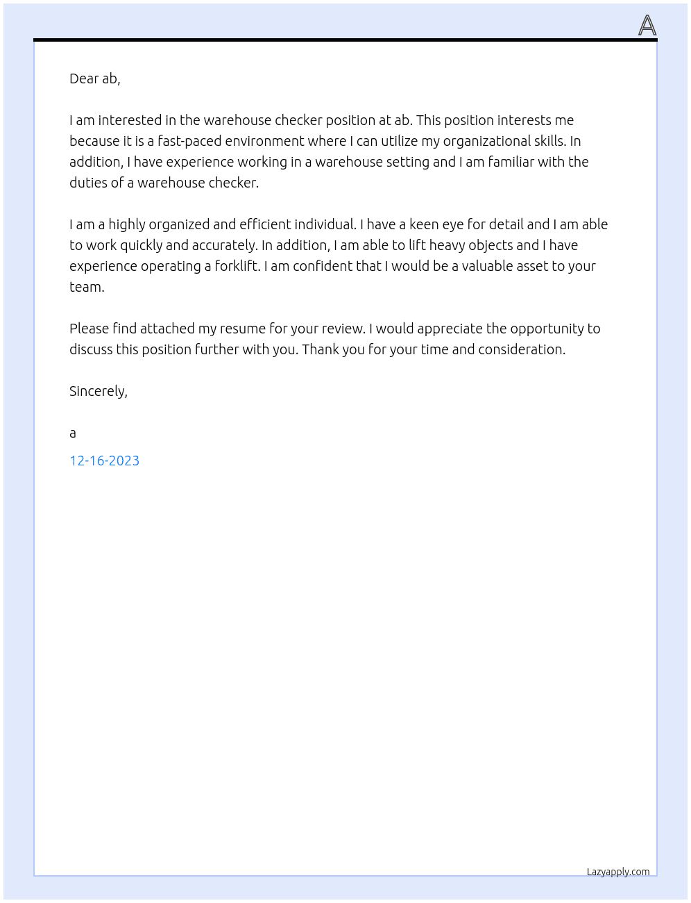 Warehouse checker At  ab Cover Letter