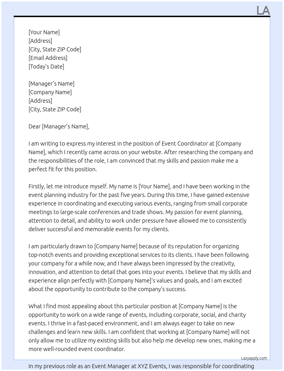 EVENT COORDINATOR At KSA Cover Letter