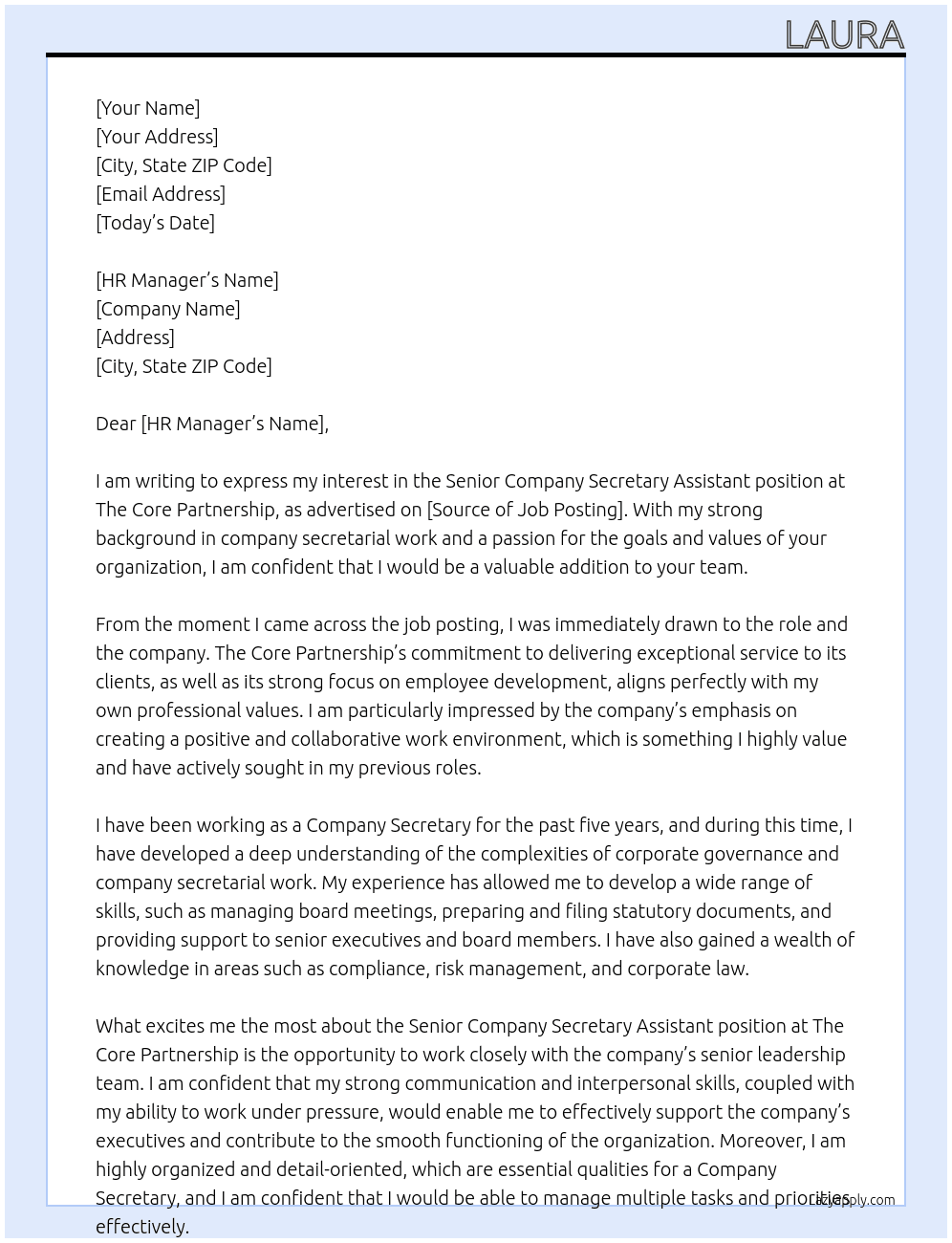 Senior Company Secretary Assistant At The Core Partnership Cover Letter