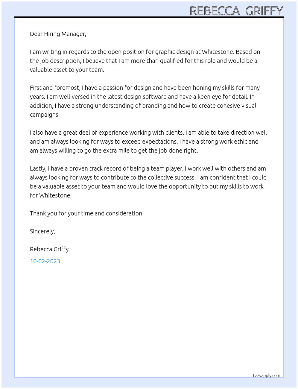 Graphic design  At Whitestone Cover Letter