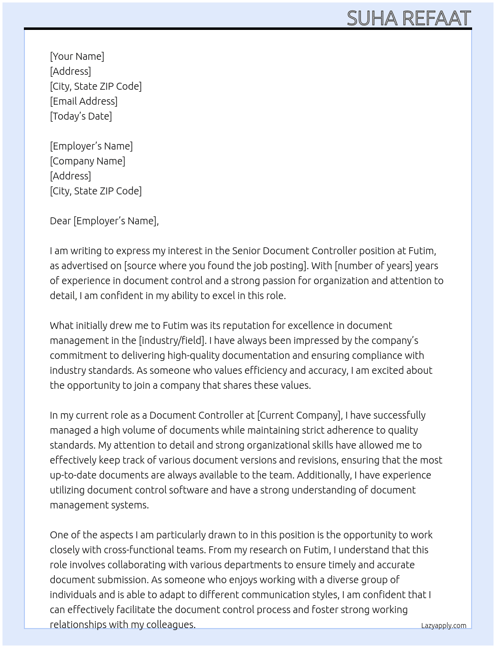 Senior Document controller At Futim Cover Letter