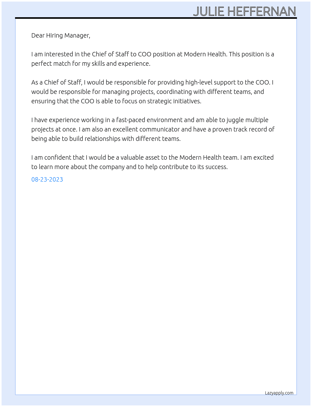 Chief of Staff to COO At Modern Health Cover Letter