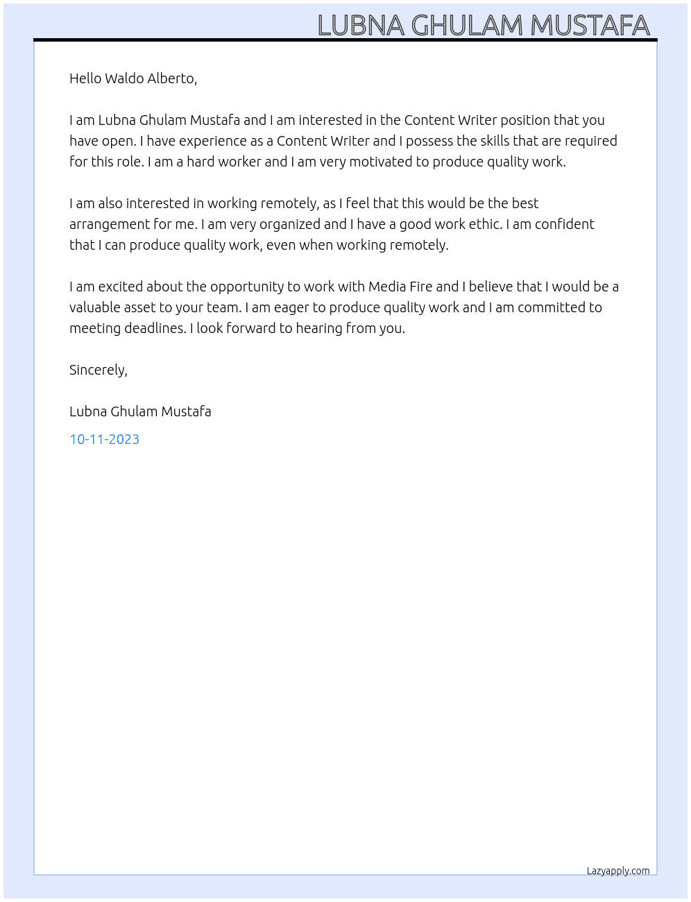 Content Writer  At Media Fire Cover Letter