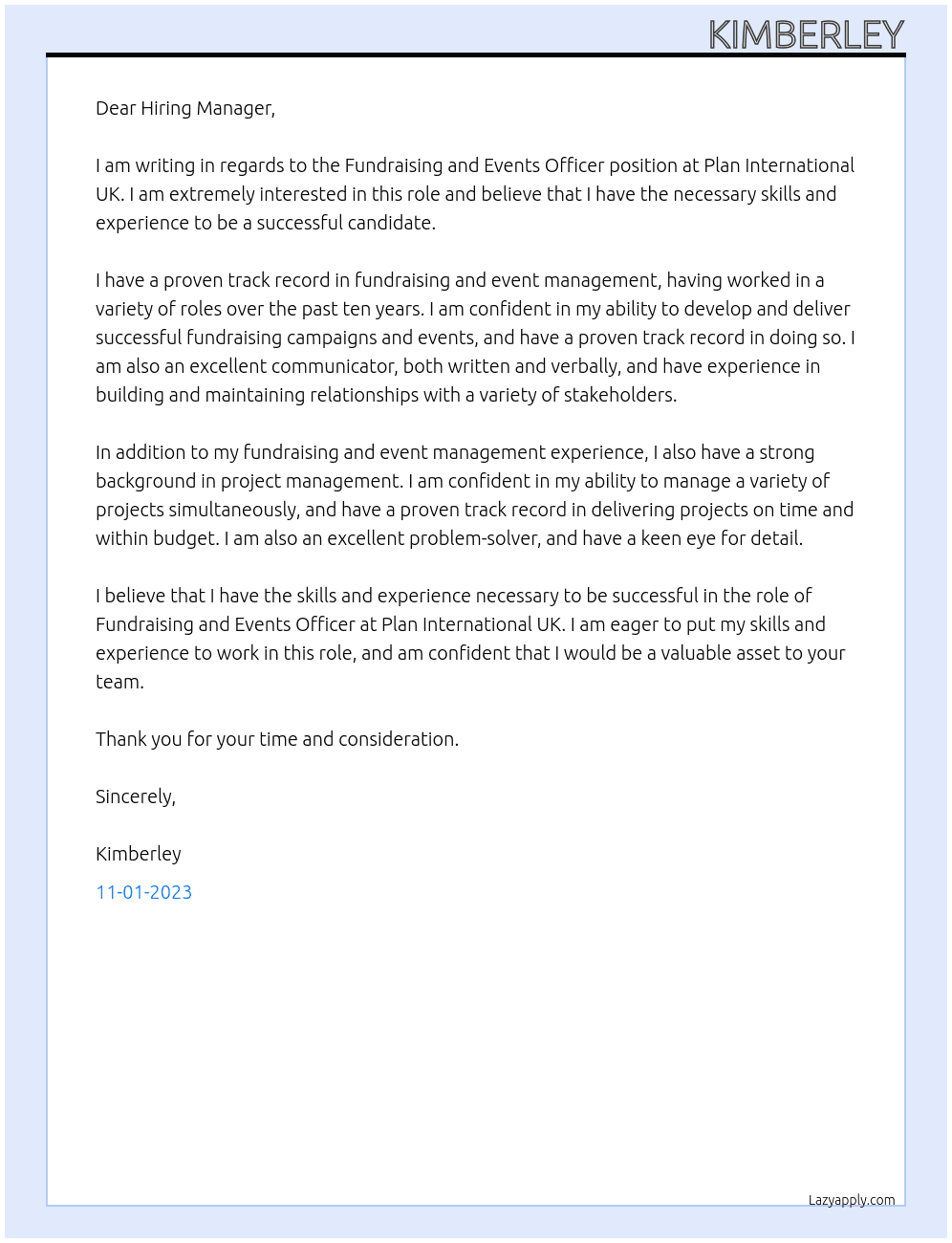 Fundraising and Events Officer At Plan International UK Cover Letter