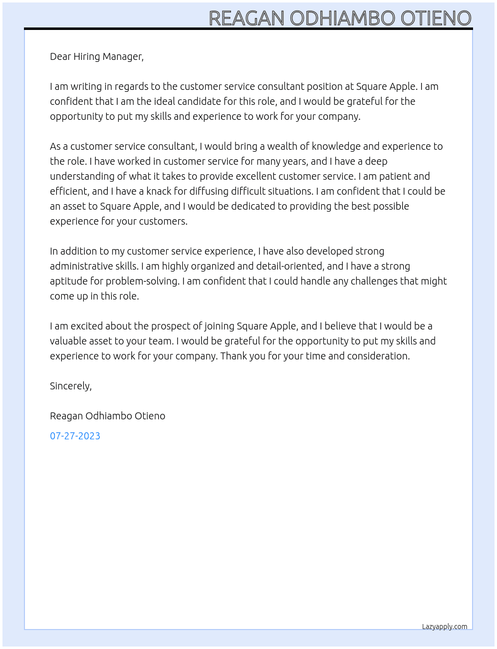 customer service consoltant  At Square Apple  Cover Letter