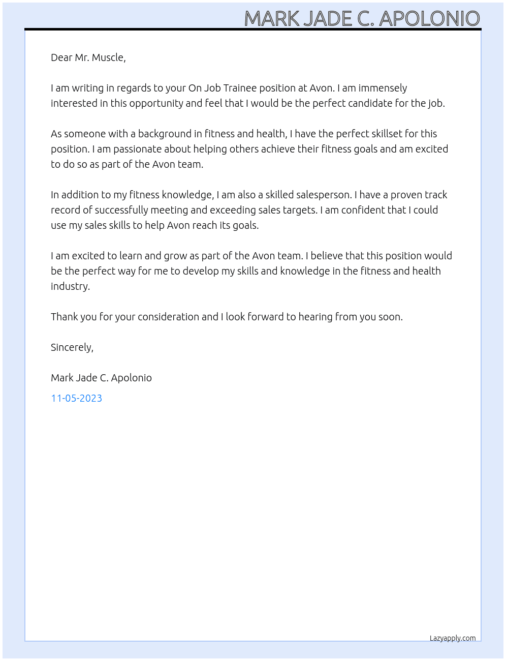 On Job Tainee At Avon Cover Letter