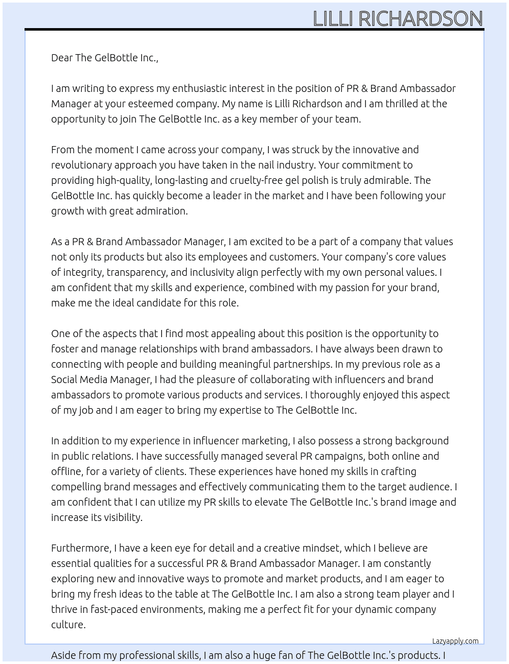 PR & Brand Ambassador Manager At The GelBottle Inc. Cover Letter