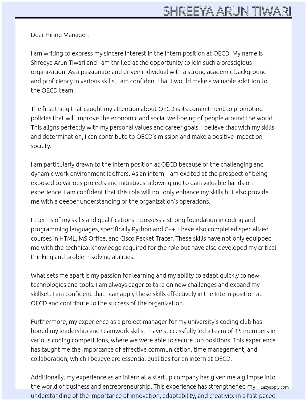 Intern At OECD Cover Letter