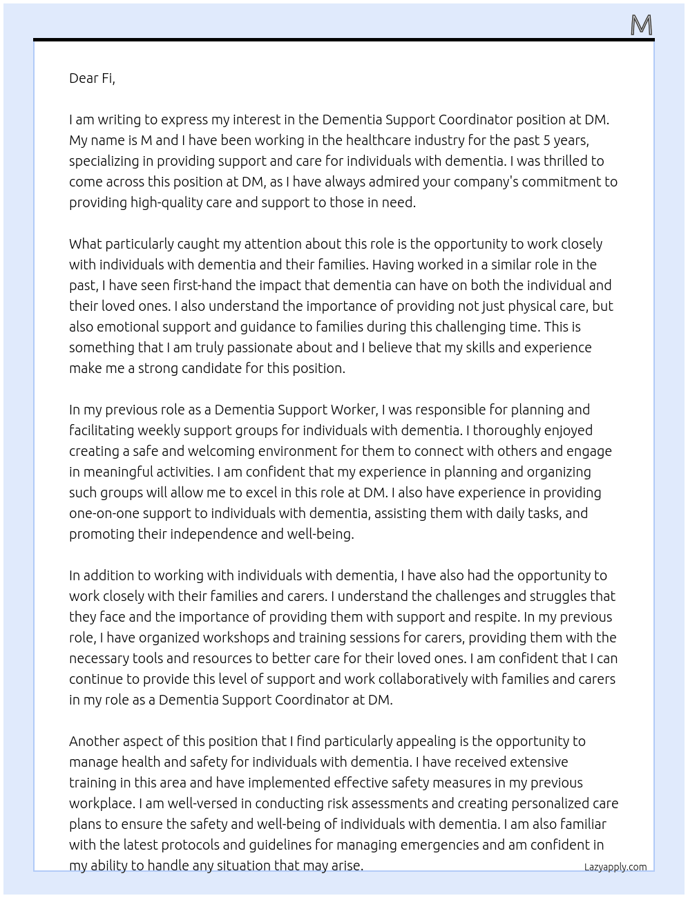 dementia support coordinator  At dm Cover Letter